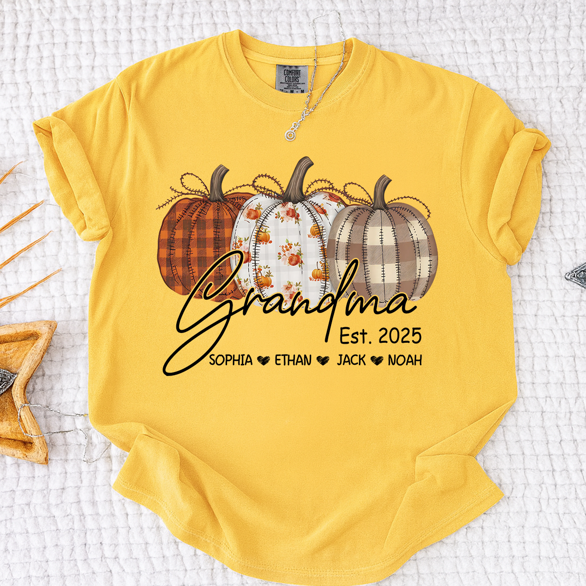 Comfort Colors® Personalized Grandma Pumpkin Tee, Custom Fall Shirt with Grandkids Names