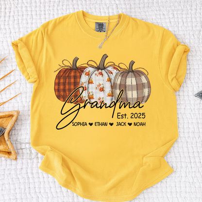 Comfort Colors® Personalized Grandma Pumpkin Tee, Custom Fall Shirt with Grandkids Names