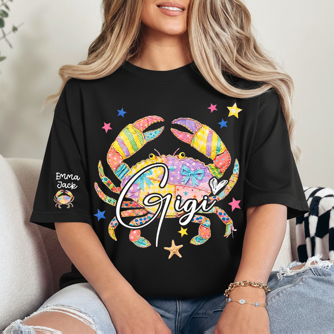 Custom Mimi T Shirt, Personalized Grandma Shirt with Kids Names, Colorful Crab Beach Design Tee, Summer Gift for Mimi