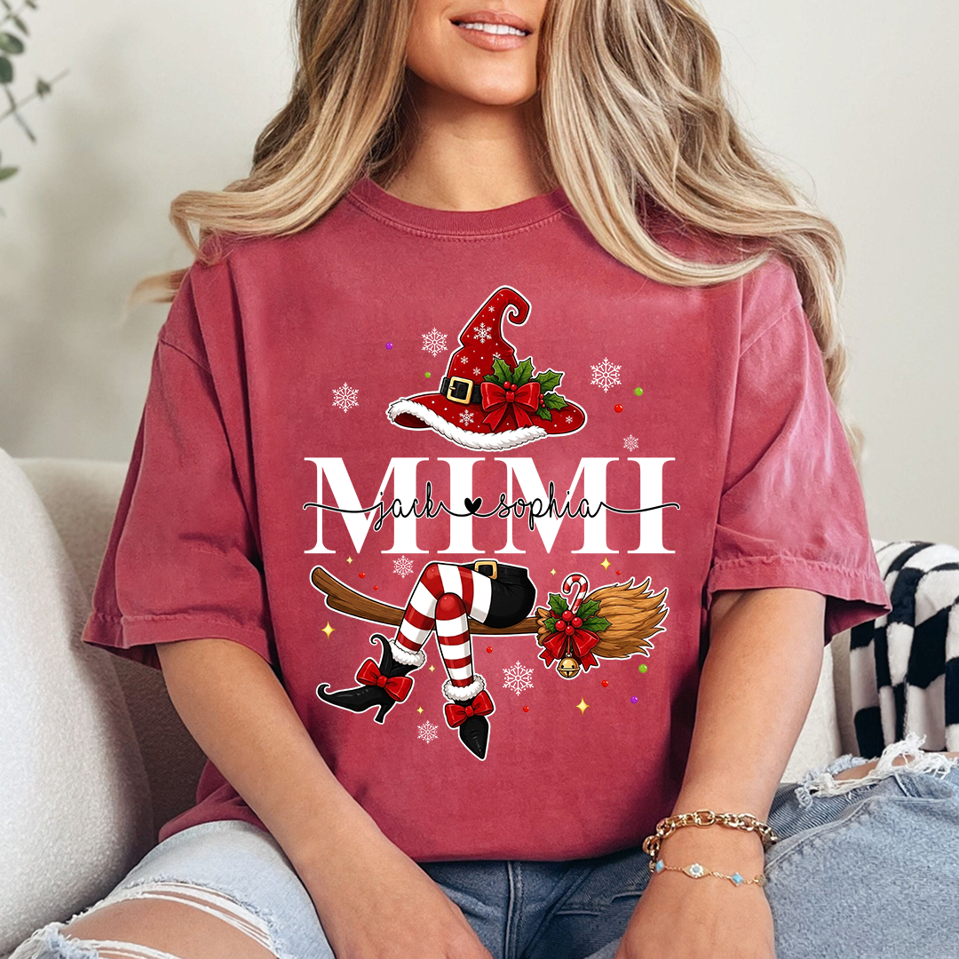 Funny Mimi Holiday Shirt, Christmas Santa Witch Legs Graphic Tee, Personalized Grandma T Shirt, Cute Winter Gift for Women