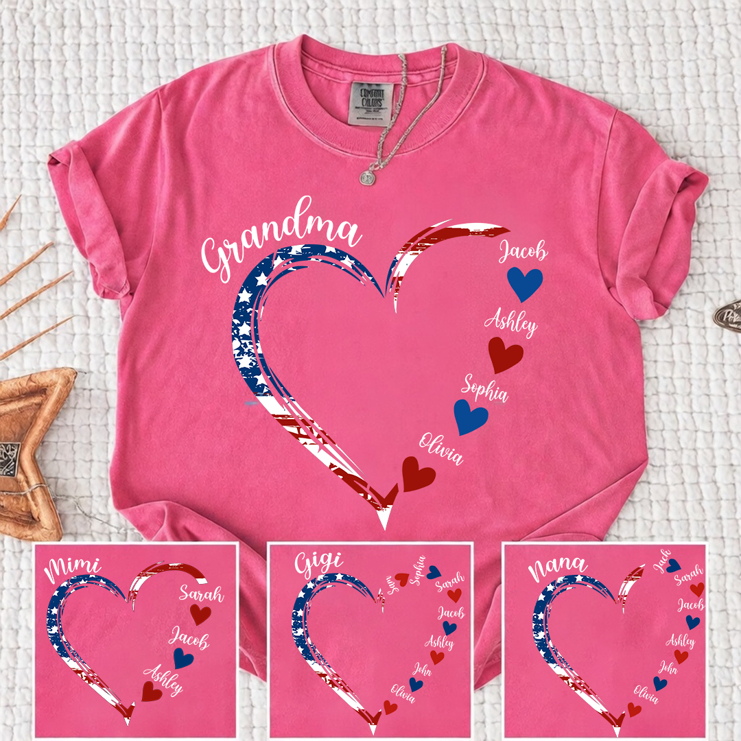 Comfort Colors Personalized Grandma Heart Shirt with Grandkids Names - Custom American Flag Heart Tee - Gift for Nana, Mimi, Gigi