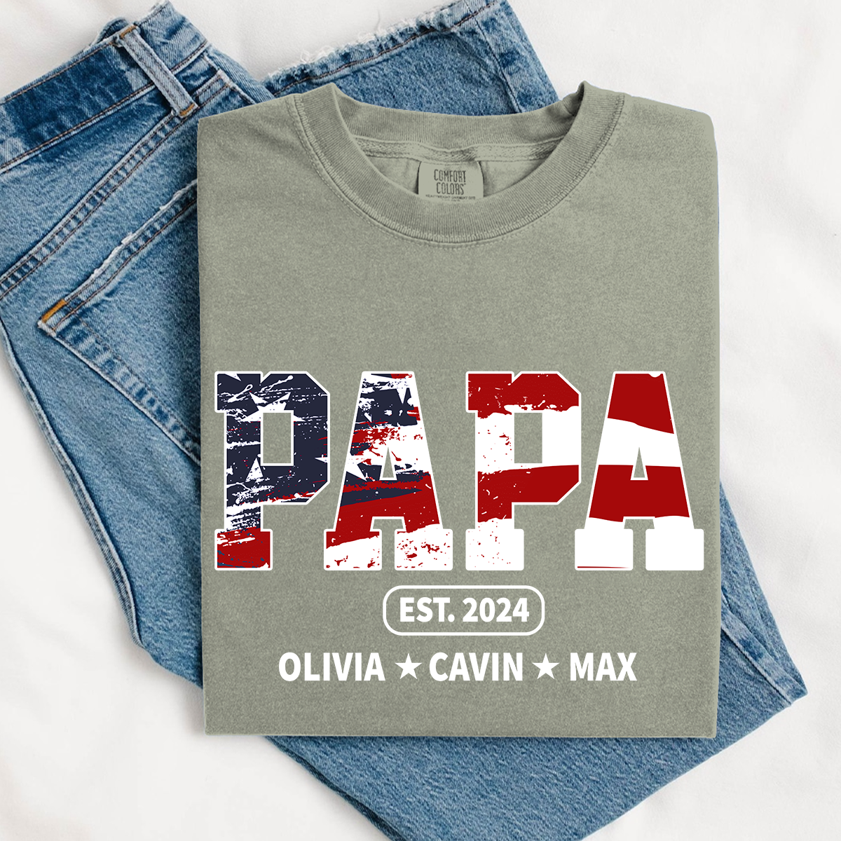 Comfort Colors® Papa Est Independence Day Shirt, Custom Nickname And Grandkids 4th Of July Shirt