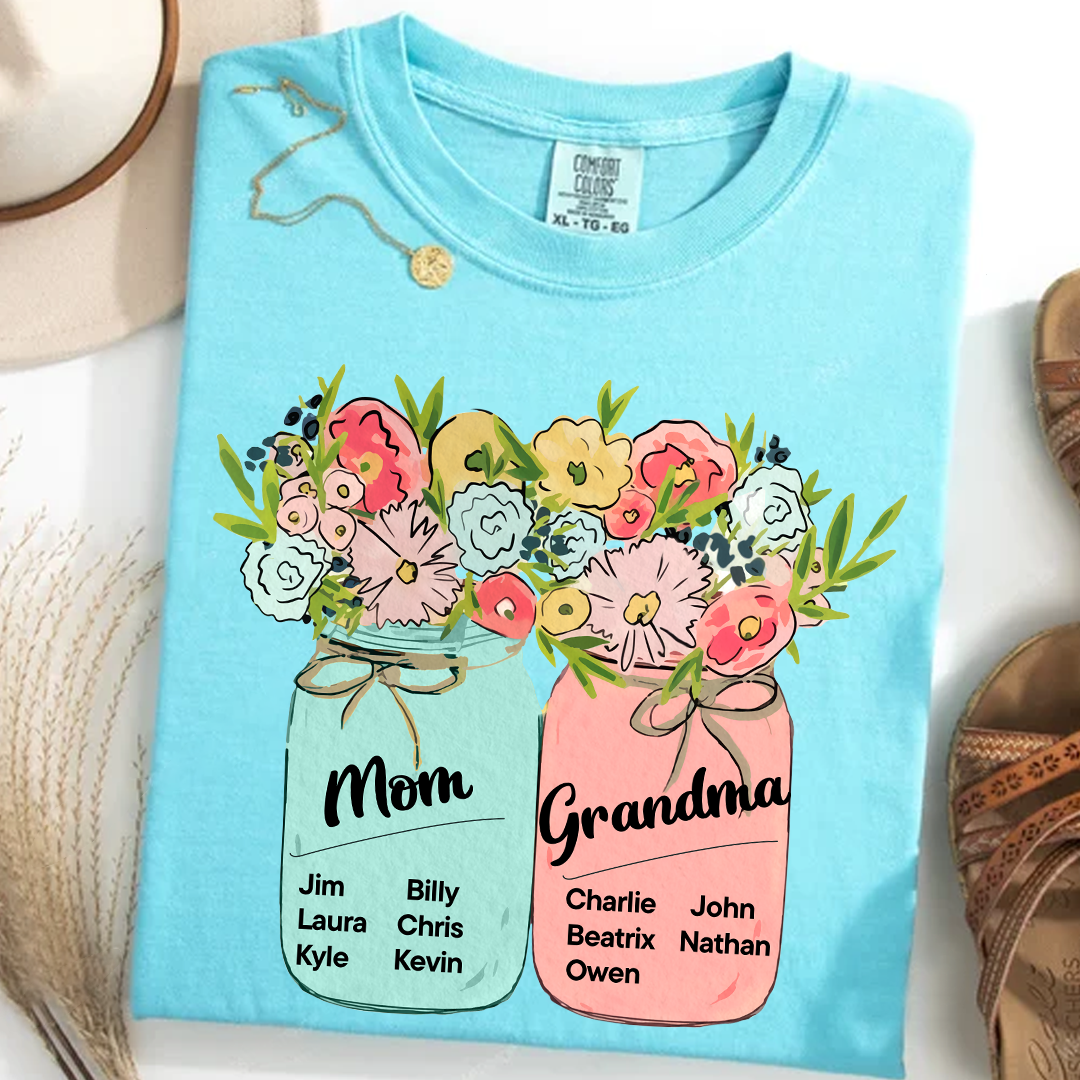 Comfort Colors® Mom & Grandma Kids Flower T-Shirt, Custom Family Names with Floral Design, Perfect Gift for Mom and Grandma