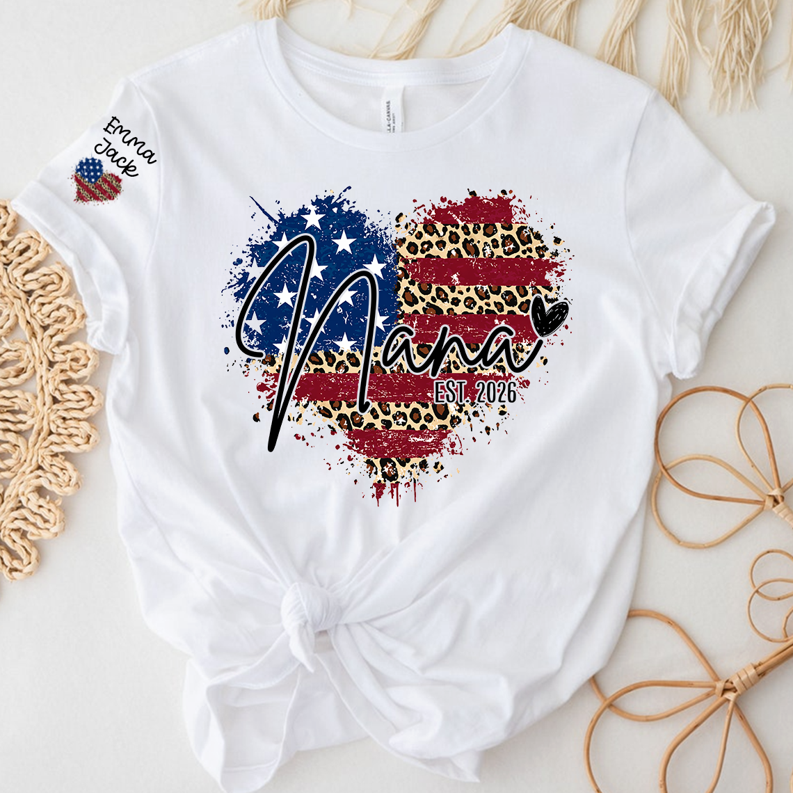 Custom American Flag Heart Nana T-shirt, Grandma Shirt with Kids, Mother's Day Gift for Grandma