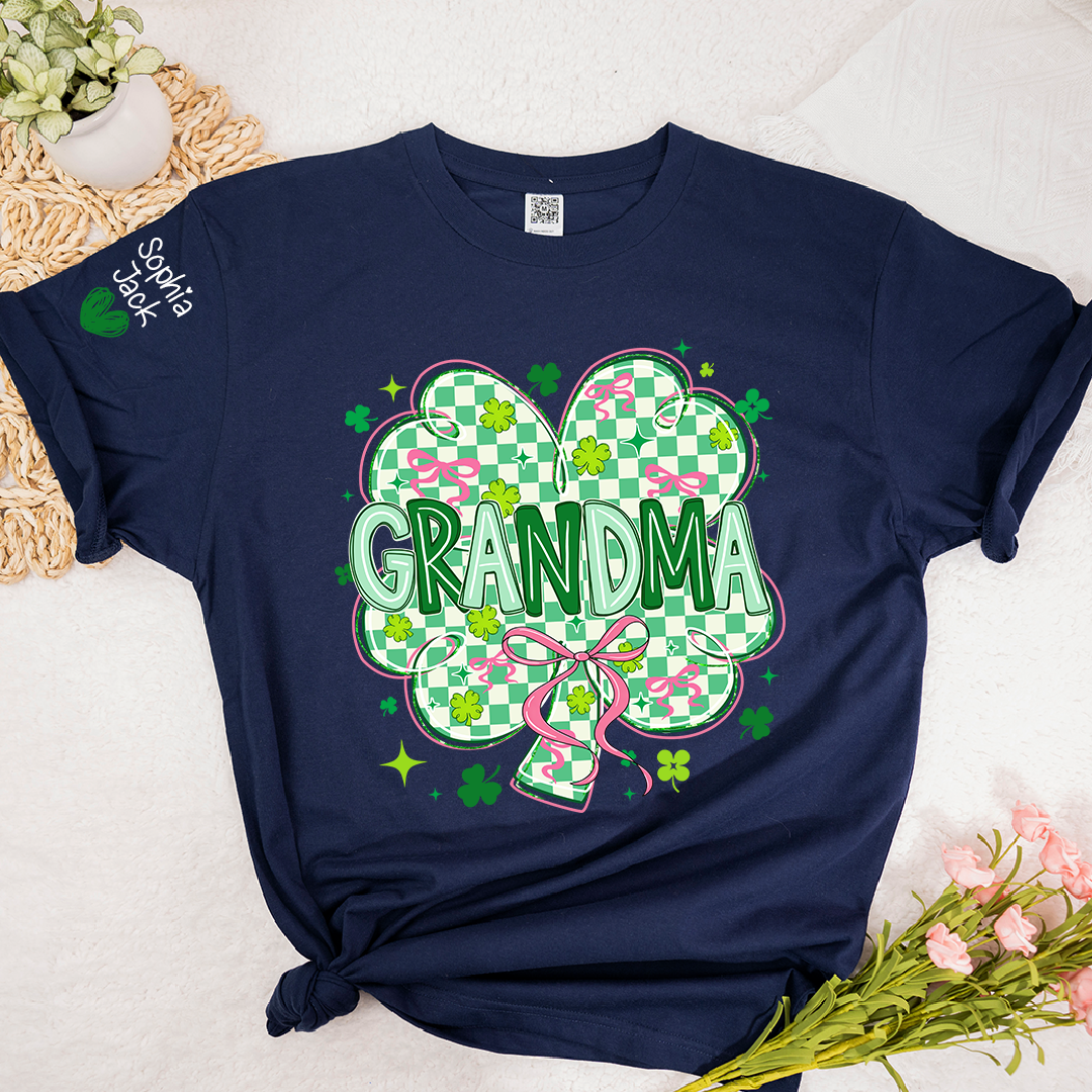 Heart Mimi T-Shirt For St Patrick’s Day, Personalized Grandma Shamrock Clover T Shirt With Kids Names