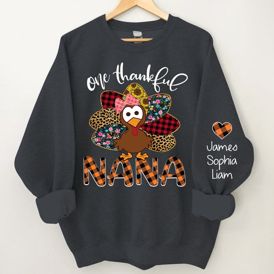 Personalized One Thankful Grandma Turkey Cute Sweatshirt, Custom Grandma and Grandkids Sweatshirt