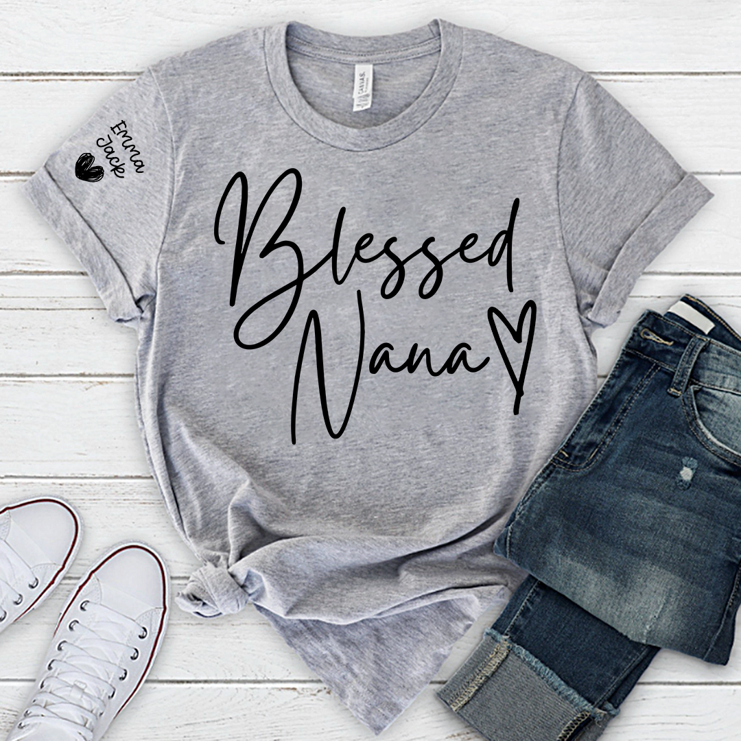 Blessed Nana Personalized T-Shirt, Custom Family Names Tee with Heart Design