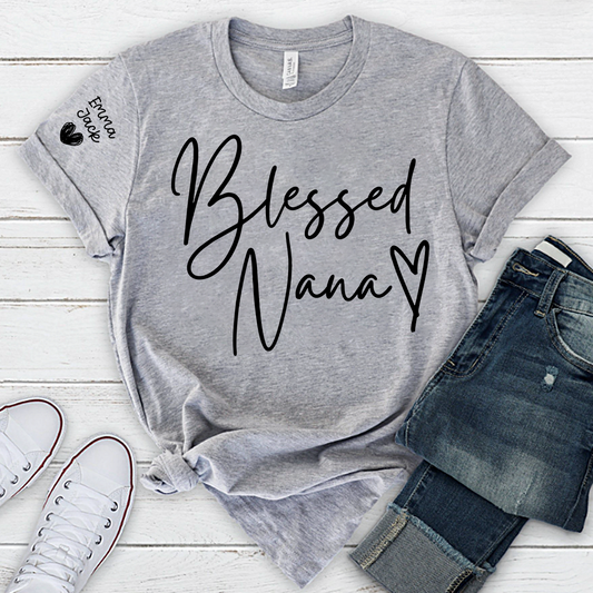 Blessed Nana Personalized T-Shirt, Custom Family Names Tee with Heart Design
