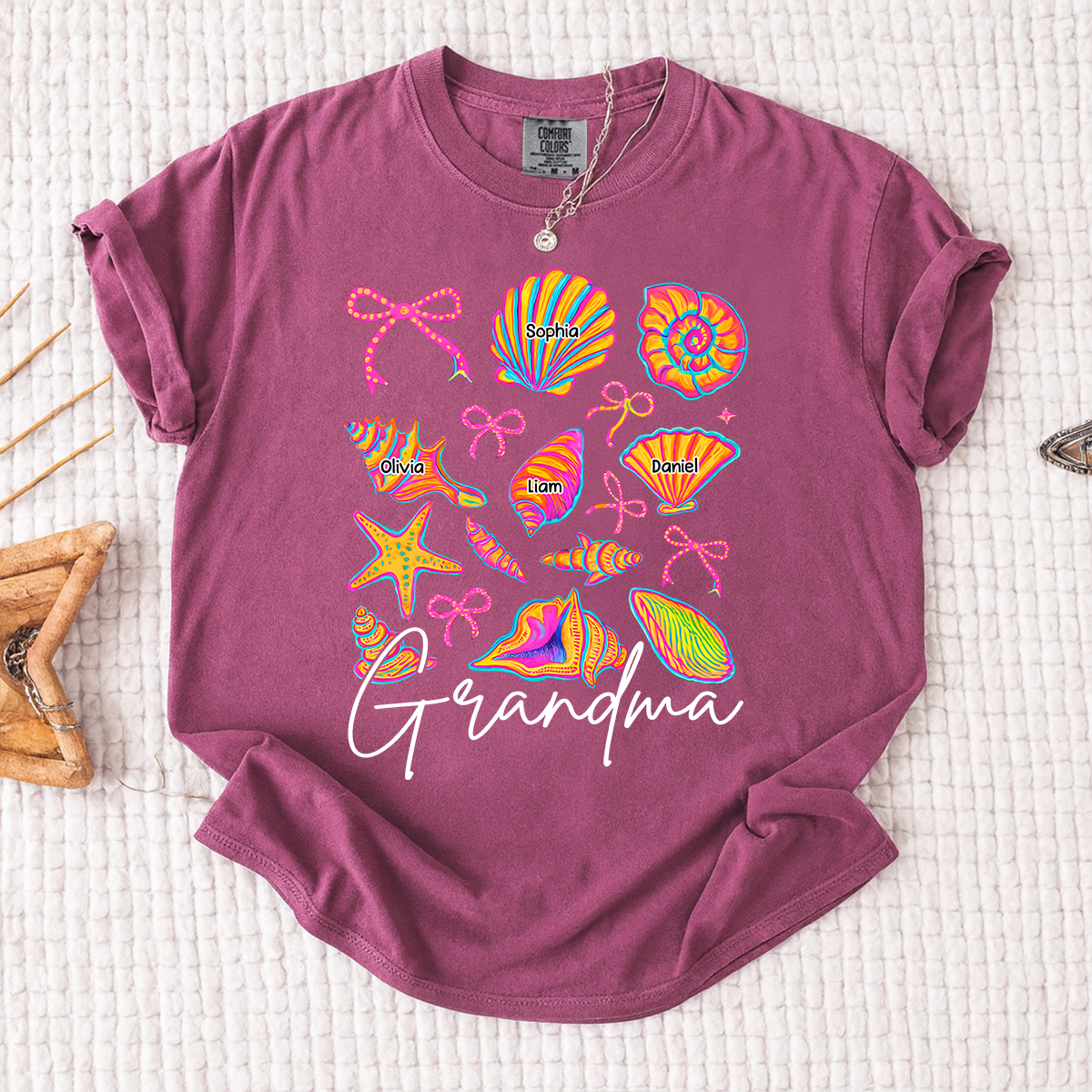 Comfort Colors Personalized Grandma Shirt with Grandkids Names, Custom Beach Seashell Grandma Tee, Coastal Summer Family Gift for Grandmother