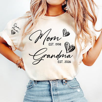 Custom EST Year Mom and Grandma T-Shirt, Personalized Family T-Shirt with Heart Design for Mom & Grandma