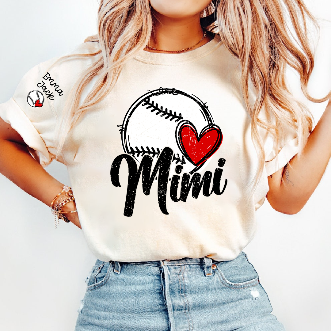 Personalized Mimi Baseball Shirt, Heart and Bat Design with Custom Names