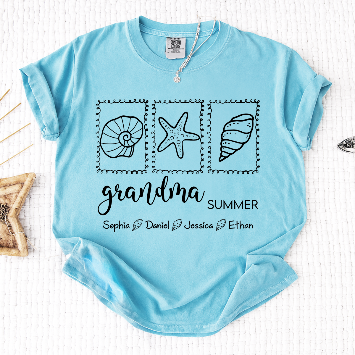 Comfort Colors Personalized Grandma Summer Shirt, Custom Grandkids Names Beach T-Shirt, Seashell Starfish Ocean Vacation Gift for Grandma