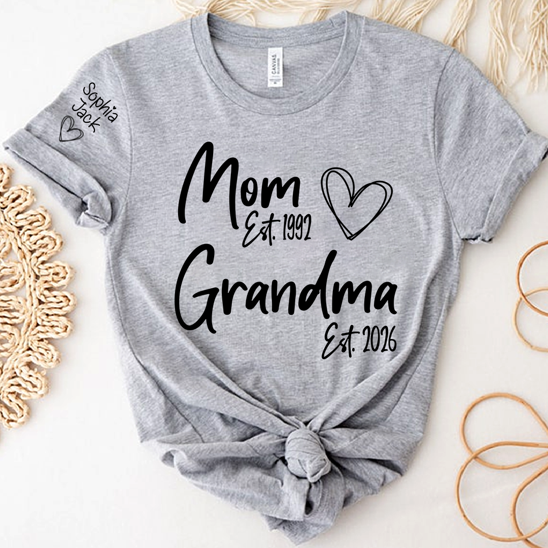 Personalized Mom Grandma Shirt, Est Year Minimal Family Design, With Grandma And Kids Names