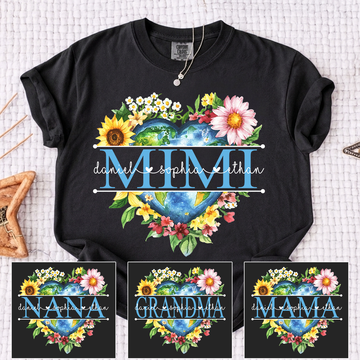 Comfort Colors Custom Mimi Heart Shaped Earth Shirt, Floral Heart Graphic with Grandkids Names, Family Love Tee