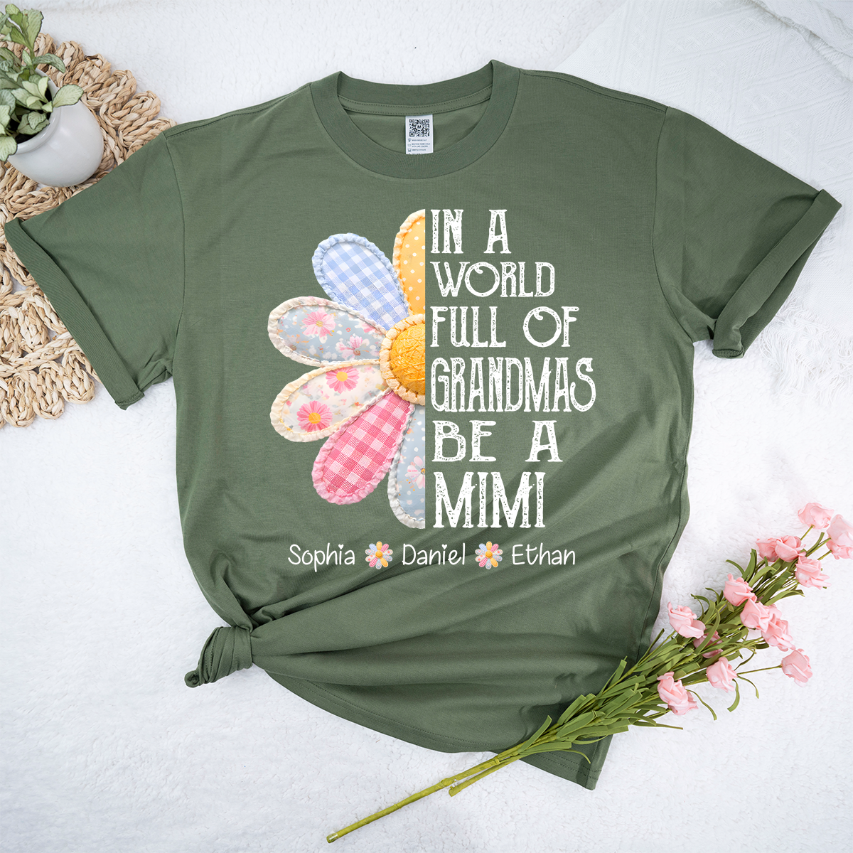 Custom Mimi T Shirt with Grandchildren Names, Vintage Patchwork Flower Graphic Tee, In A World Full of Grandmas Be a Mimi Shirt