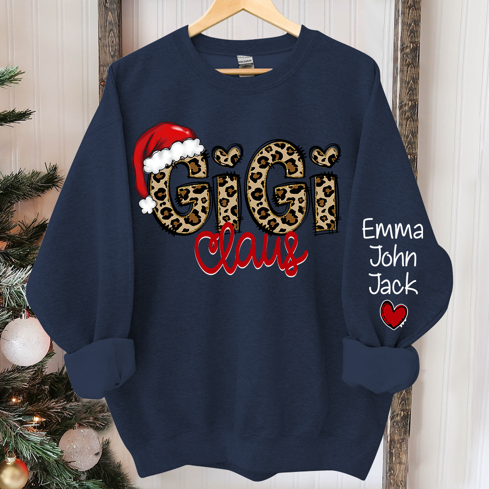 Personalized Gigi Claus Leopard Sweatshirt, Custom Grandma and Grandkids Sweatshirt