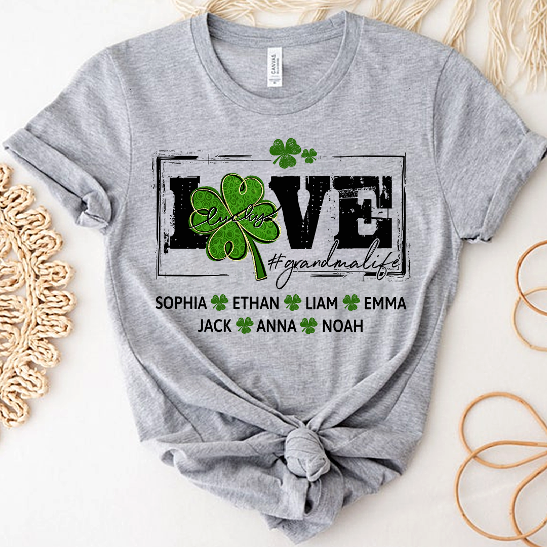 Grandma St Patrick’s Day Shirt, LOVE Shamrock Grandmalife Personalized Family T Shirt
