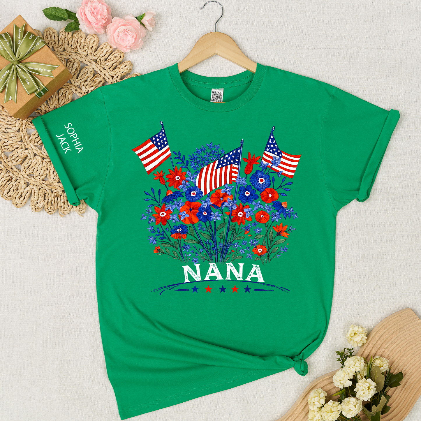 Personalized Nana Shirt Patriotic Floral American Flag Design Custom Grandma Mimi Gigi Name Tee with Grandkids Names Family 4th of July Outfit