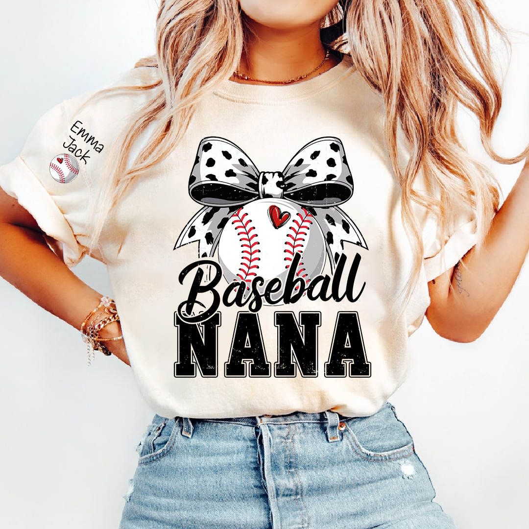 Proud Baseball Nana T Shirt, Personalized Kids Names Sports Shirt with Bow Graphic