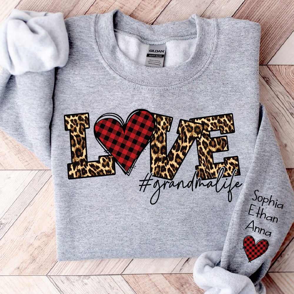 Grandma Sweatshirt Personalized with Names, Love Leopard Print Heart, Cozy Family Crewneck for Grandma