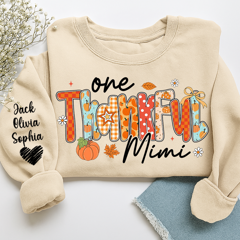 Personalized One Thankful Mimi Sweatshirt – Fall Pumpkin Design with Grandkids’ Names on Sleeve