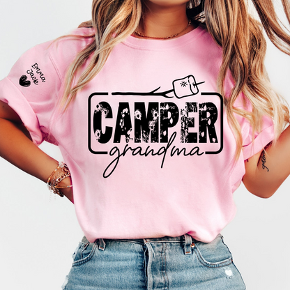 Camper Grandma Shirt, Funny Camping Grandma Tee, Personalized Grandkids Names Sleeve Shirt, RV Camper Gift for Grandma