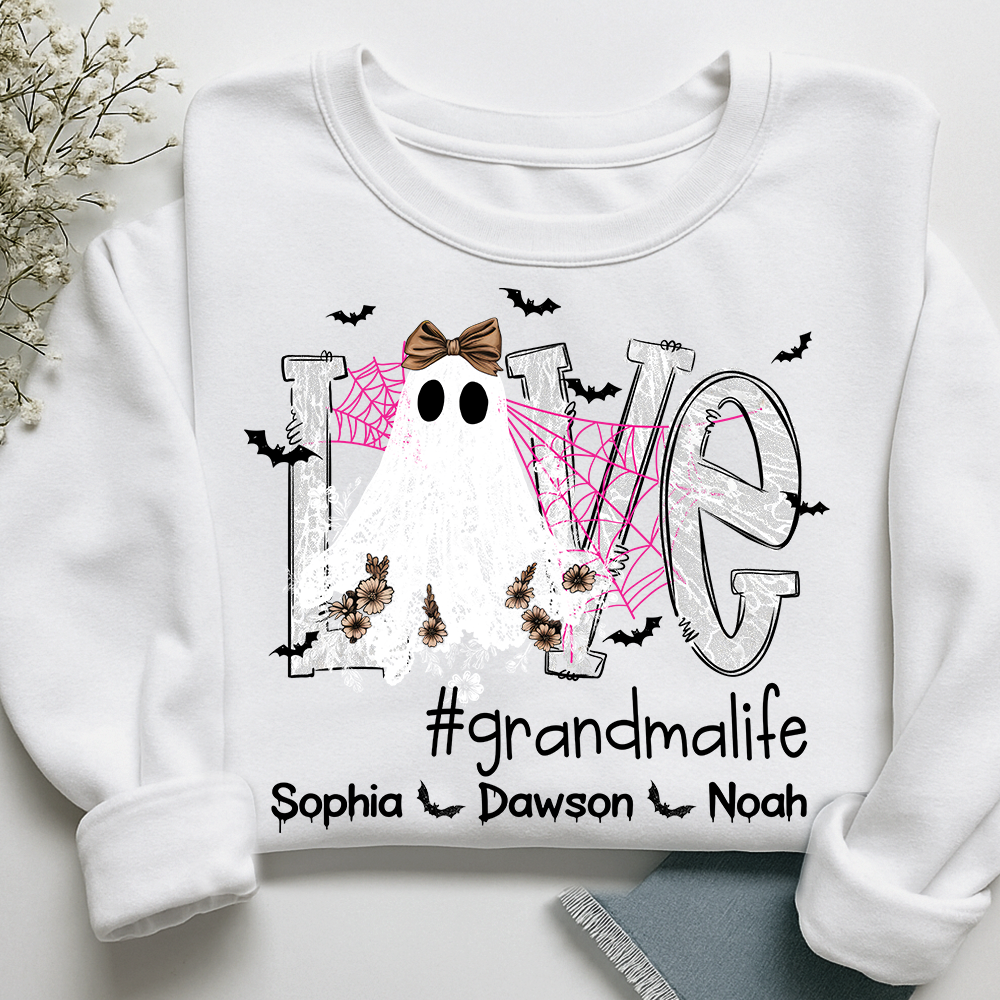 Personalized Mimi Life Halloween Sweatshirt, Custom Love Ghost Shirt with Kids Names