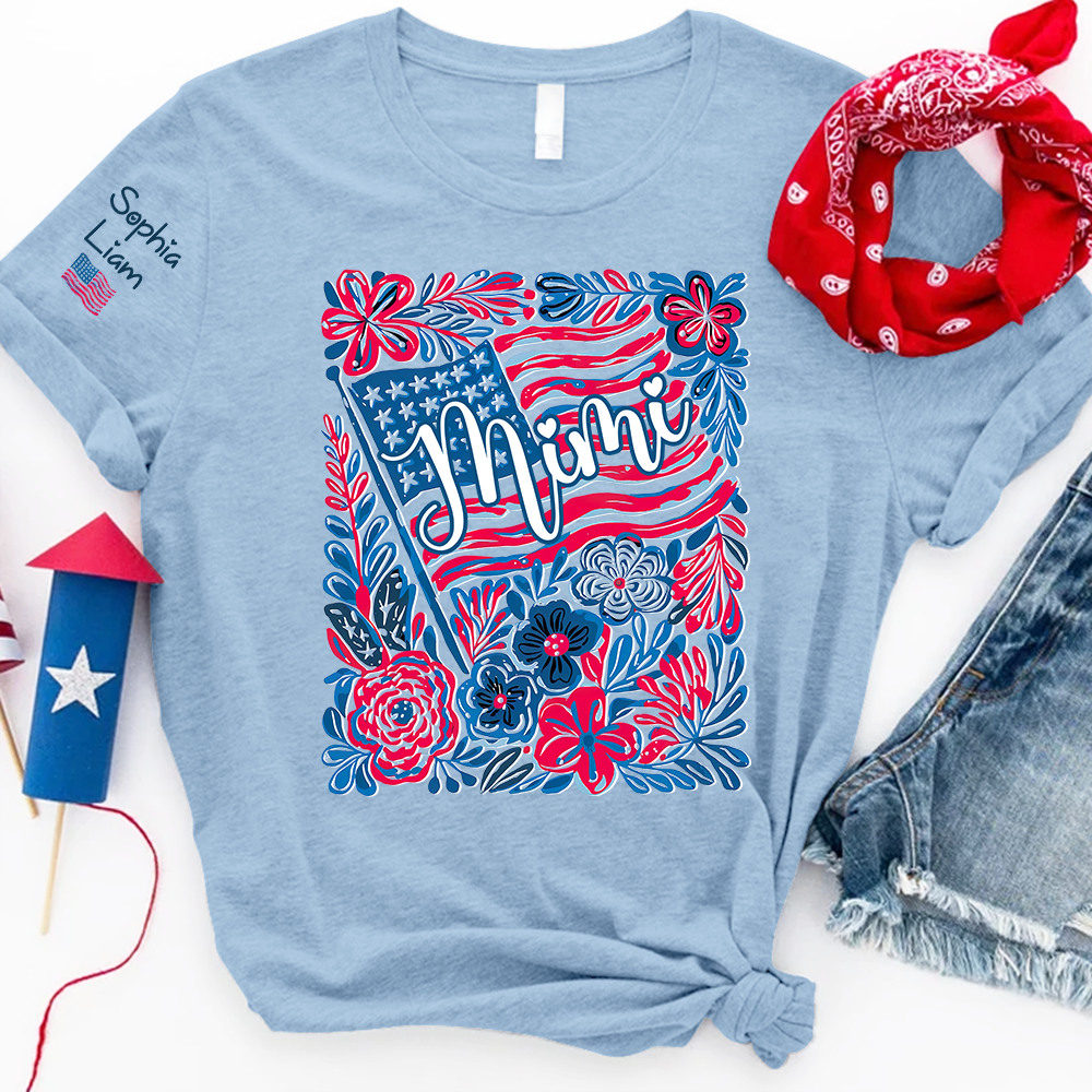Personalized Mimi Shirt with Kids Names Patriotic Floral Design USA Flag Custom Family Tee