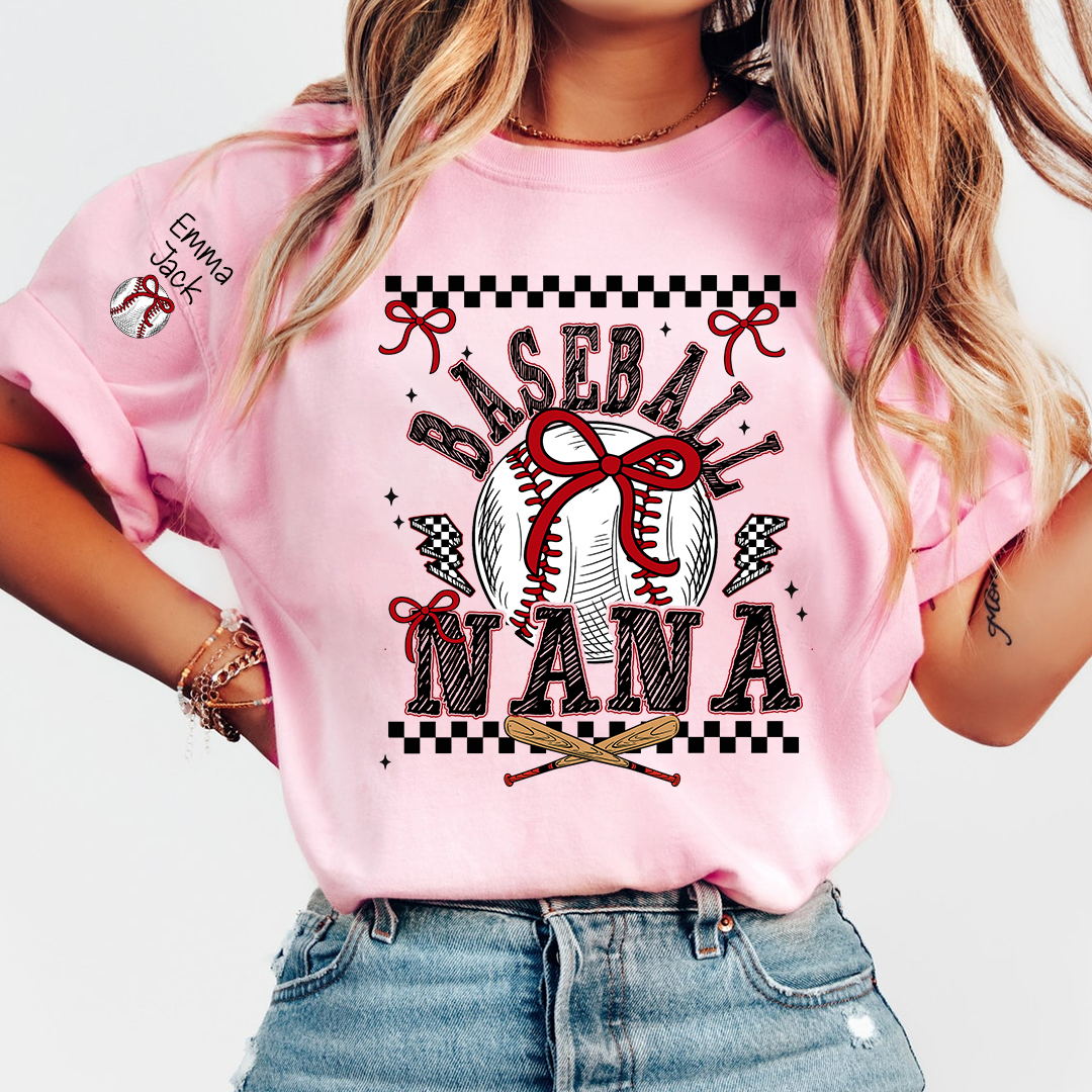 Baseball Nana T-Shirt, Personalized Nana T-Shirt with Bow and Vintage Baseball Design