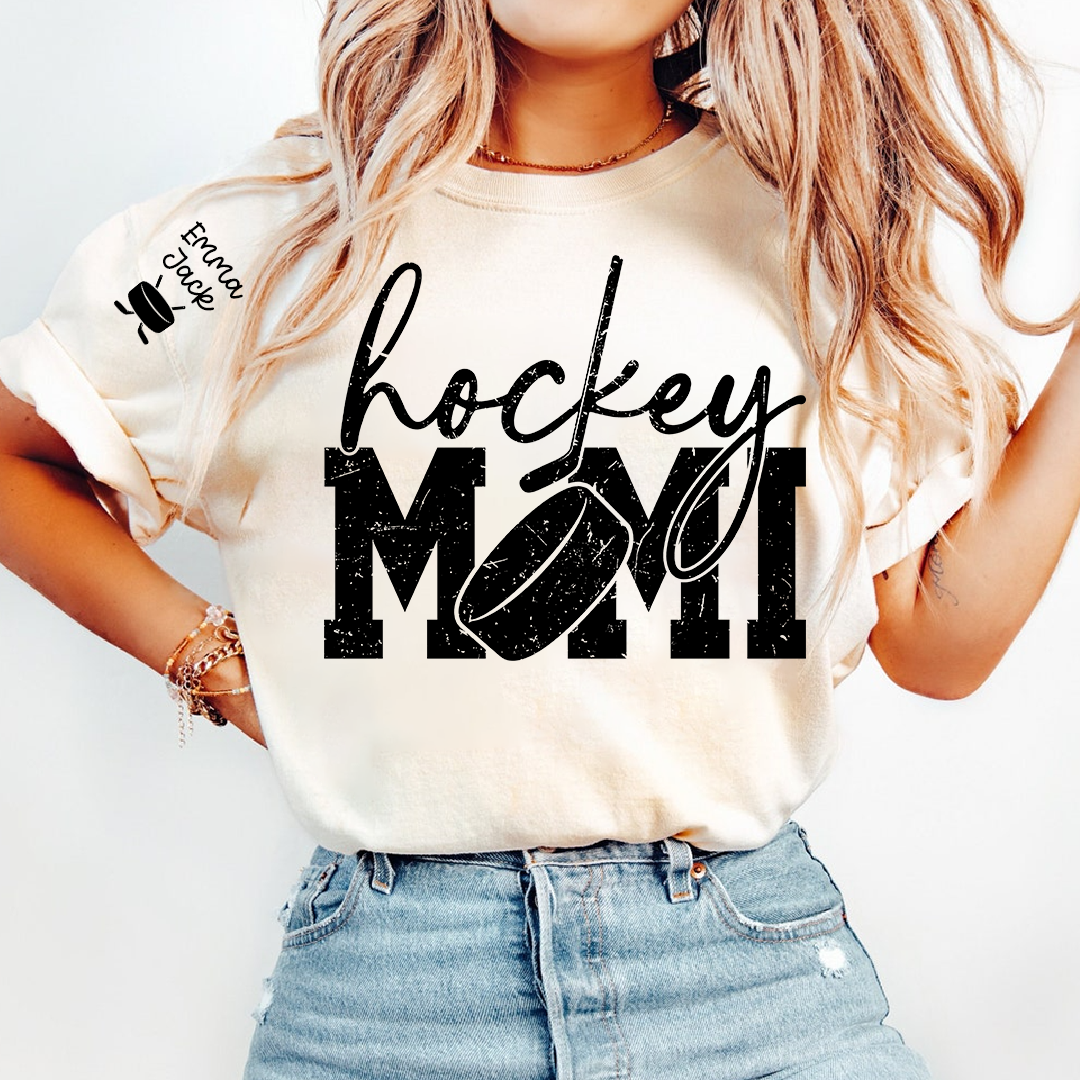 Hockey Mimi Shirt with Custom Names, Hockey Puck and Stick Design Family T Shirt