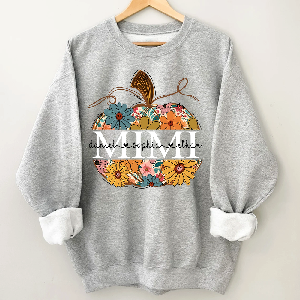 Custom Mimi Pumpkin Sweatshirt with Grandchildren Names, Personalized Floral Fall Shirt, Grandma Thanksgiving Gift