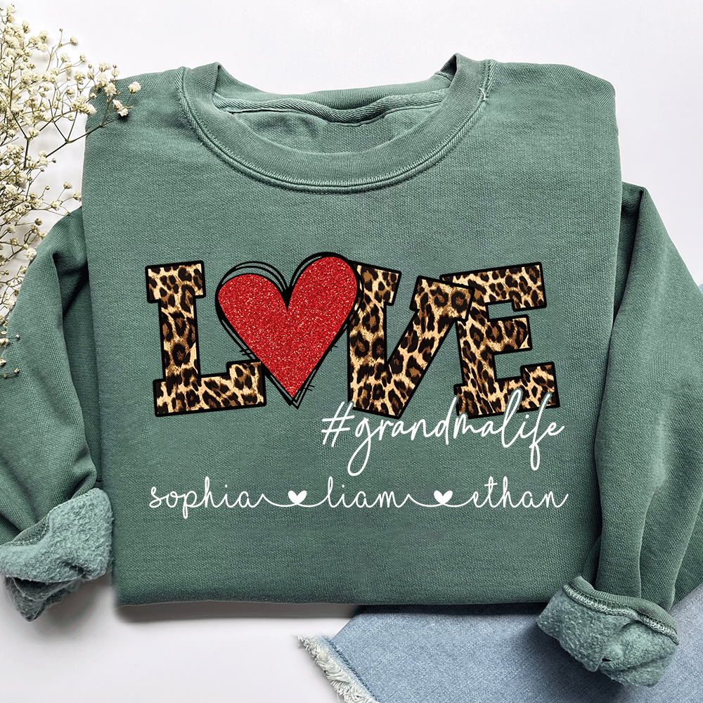 Personalized Grandma Sweatshirt with Grandkids Names, LOVE Leopard Heart Design, Grandma Life Custom Family Crewneck