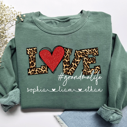 Personalized Grandma Sweatshirt with Grandkids Names, LOVE Leopard Heart Design, Grandma Life Custom Family Crewneck