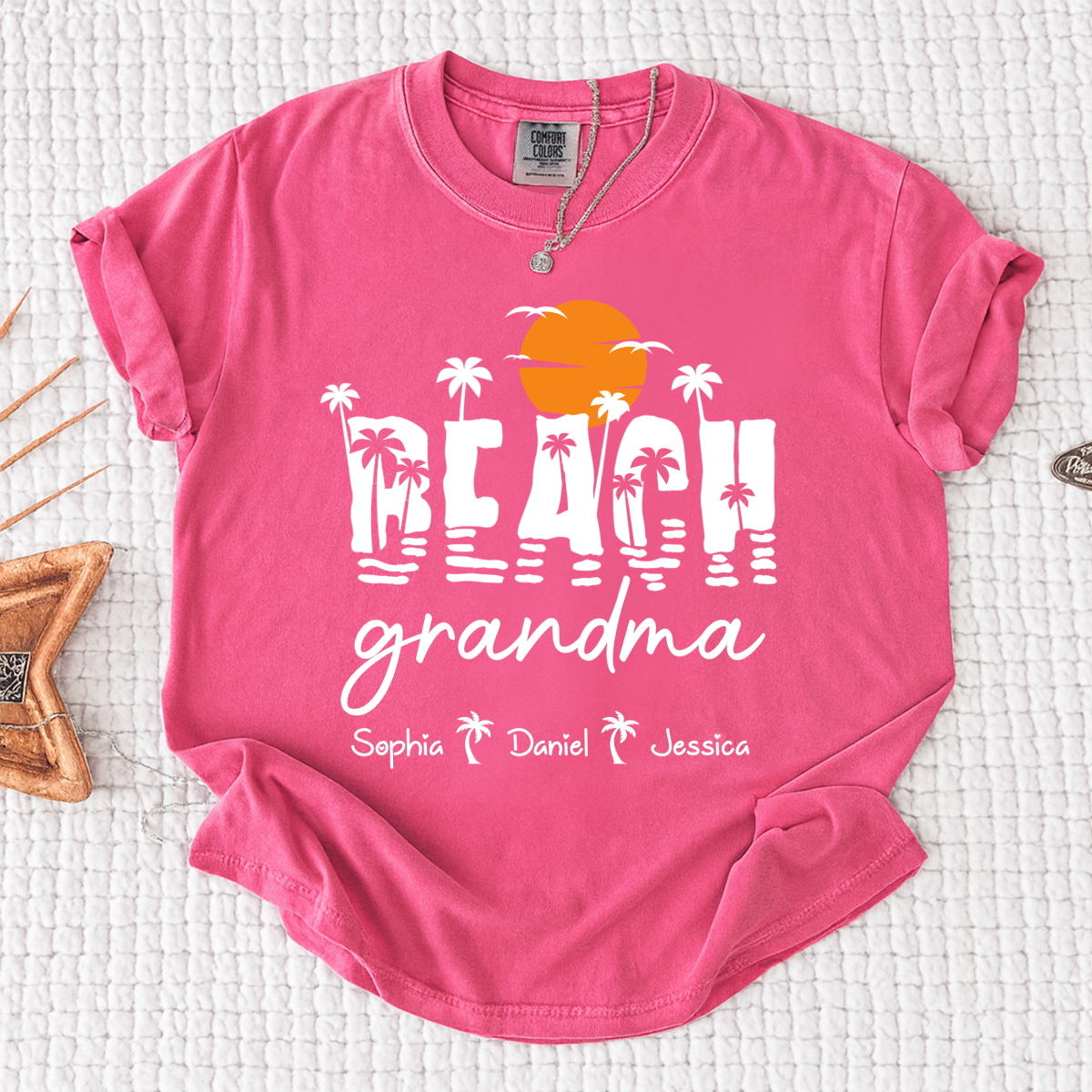 Comfort Colors Personalized Tropical Grandma Shirt – Custom Beach Sunset Palm Tree Tee with Grandchildren Names, Vacation Gift for Her