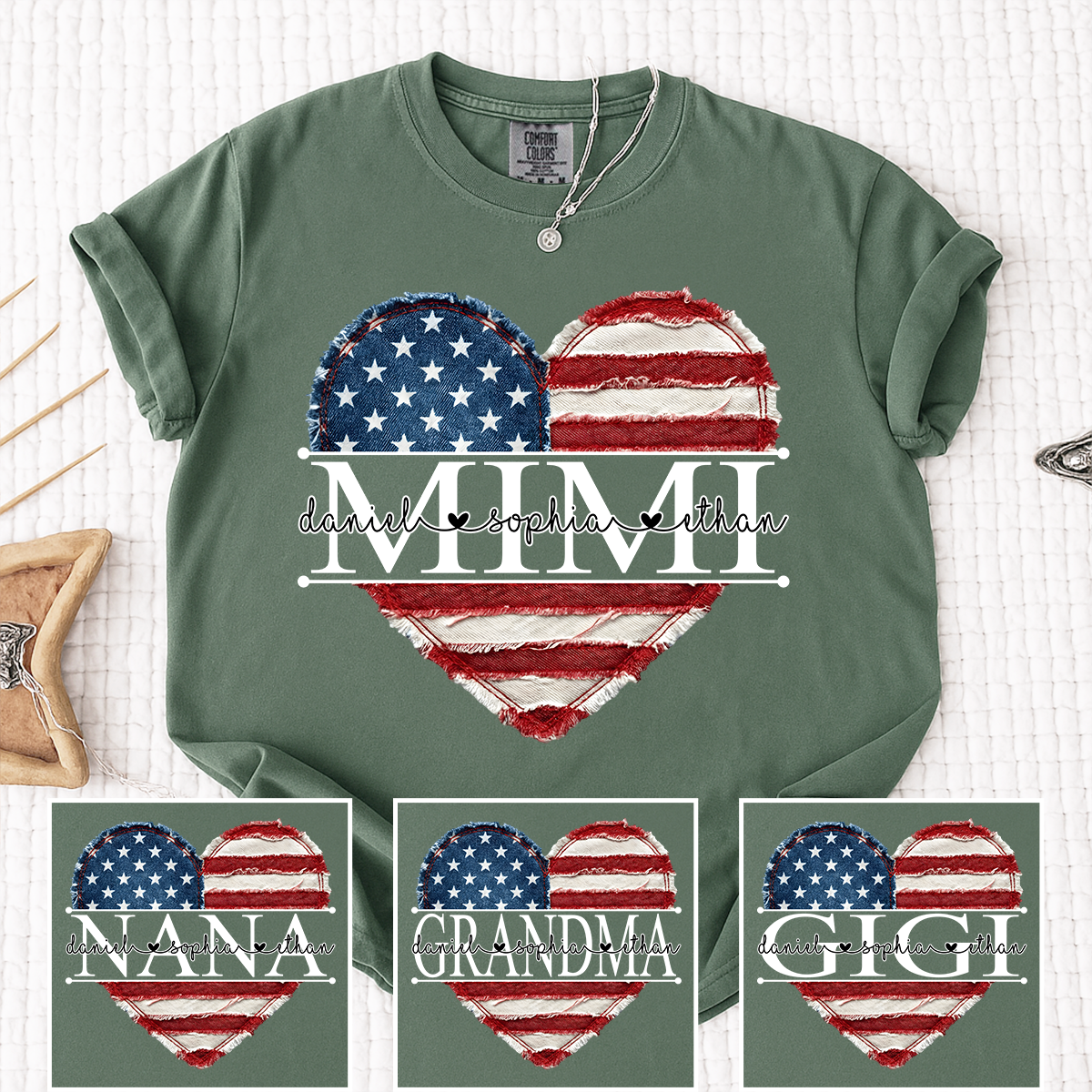 Comfort Colors Mimi Shirt with USA Flag Heart, Personalized with Kids Names, Custom Grandmother T Shirt, Ideal for Mother's Day, Patriotic Gift