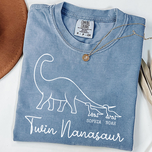 Comfort Colors® Twin Nanasaur Shirt, Personalized Dinosaur Grandma Tee, Custom Grandkids Names T Shirt, Fun Dino Grandma Gift