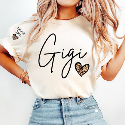 Gigi Shirt for Grandma, Personalized Custom Name Tee with Leopard Print Heart Design