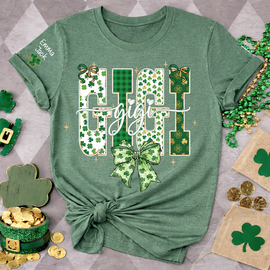 Lucky Gigi St Patrick’s Day T Shirt, Green Clover Bow Design, Gift For Grandma And Grandchildren