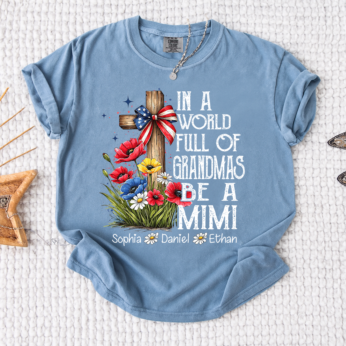 In a World Full of Grandmas Be a Mimi T-Shirt, Personalized Mimi T-Shirt with Cross and Floral Design