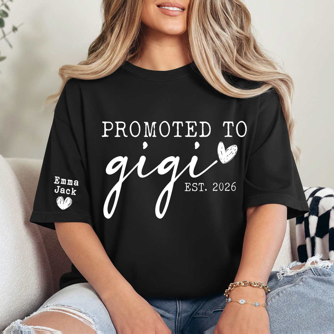 Promoted To Gigi Est 2026 Shirt, Personalized Grandkids Names Sleeve Tee, New Gigi Gift, First Time Grandma Announcement Shirt
