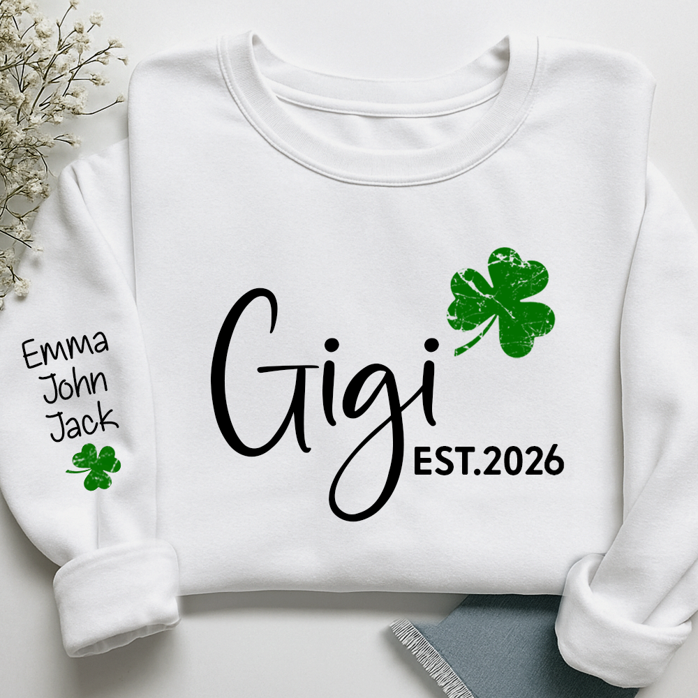 Gigi Shamrock Sweatshirt For St Patrick’s Day, Cute Green Family Sweatshirt For Grandma With The Names