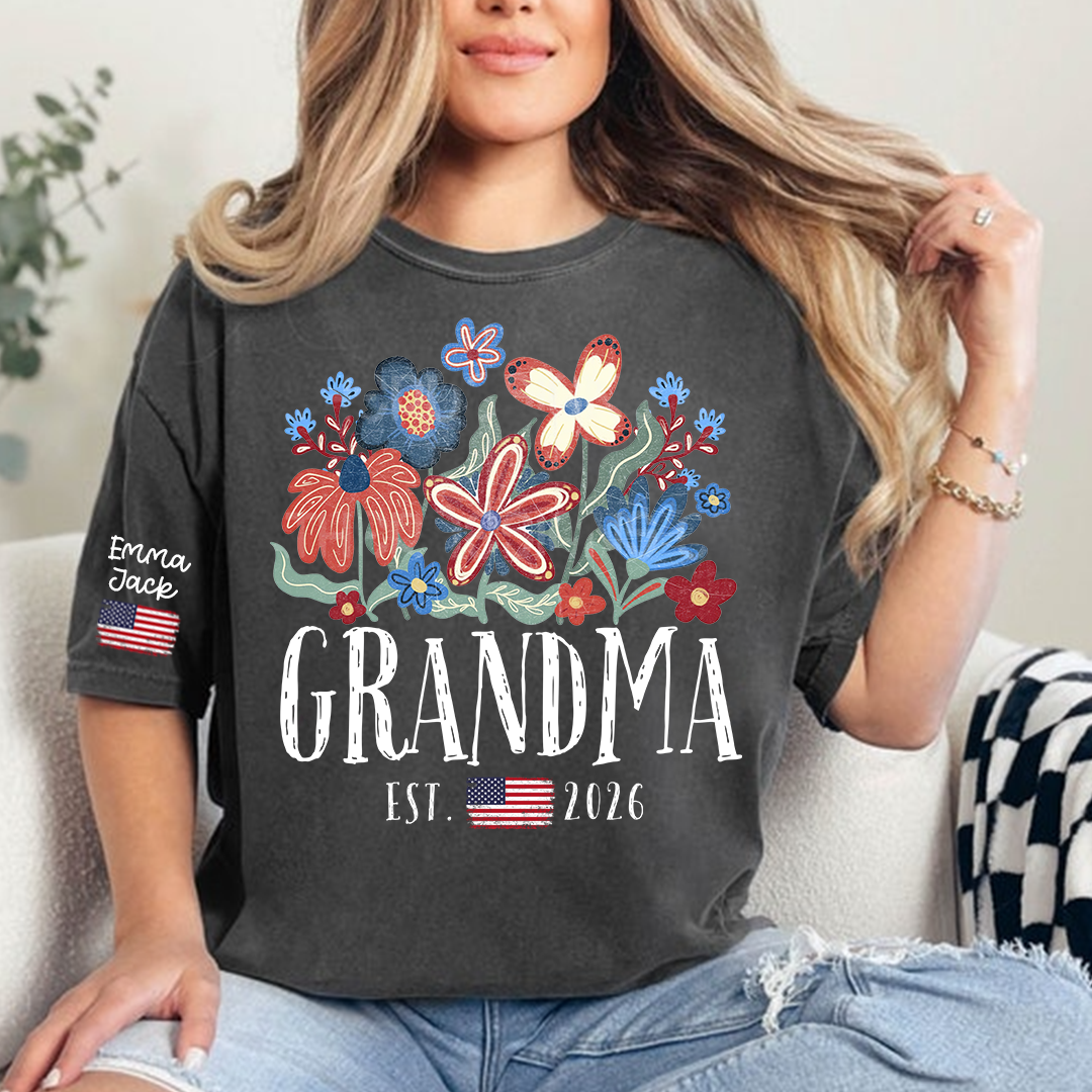 Personalized Flag America Grandma Floral Shirt with Custom Grandkids Names, Colorful Flower Design