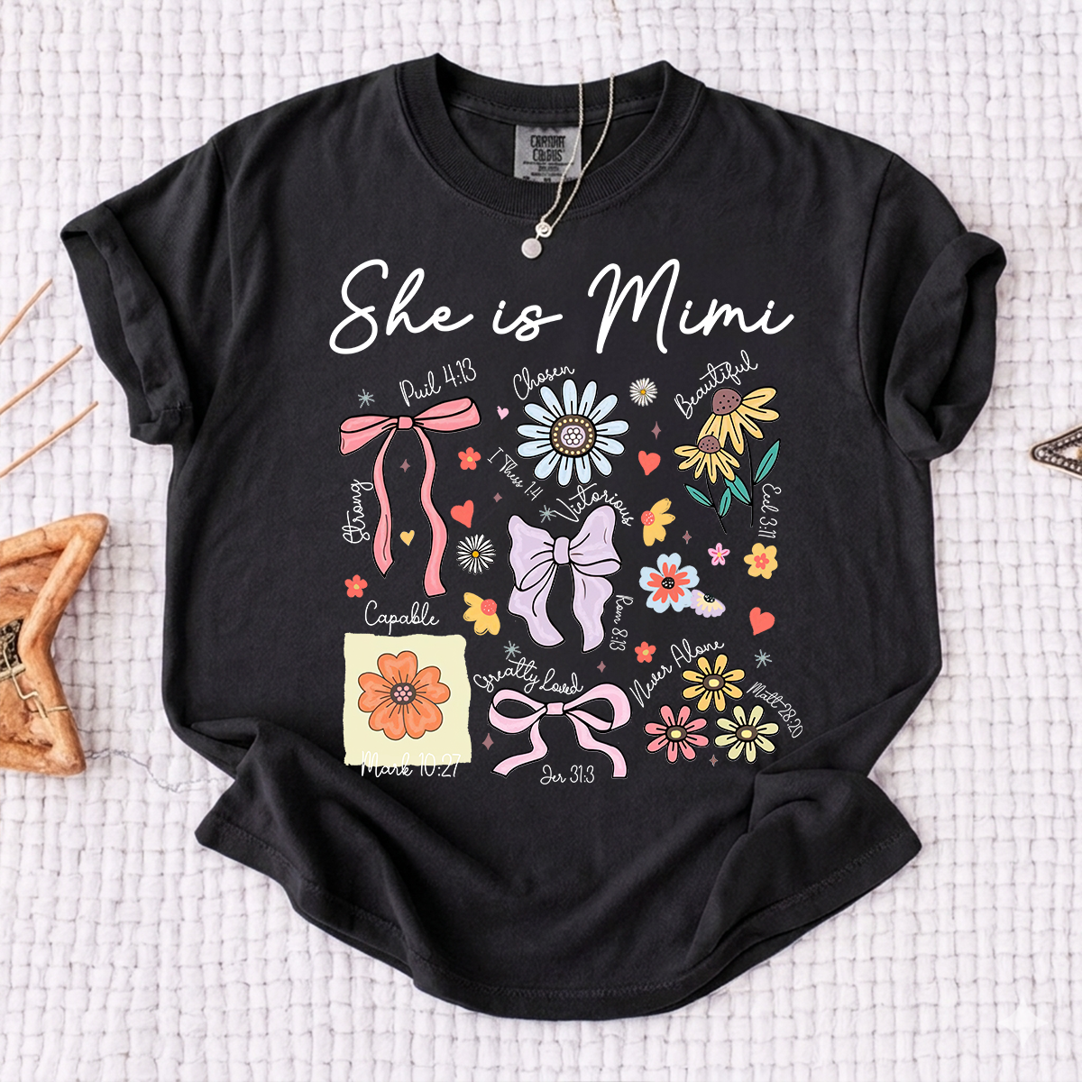 Comfort Colors Personalized Mimi Shirt She Is Mimi Quote with Floral Timeline Family Tee