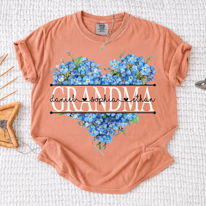 Comfort Mimi Blue Floral Shirt with Custom Grandchildren Names, Heart Family Tee