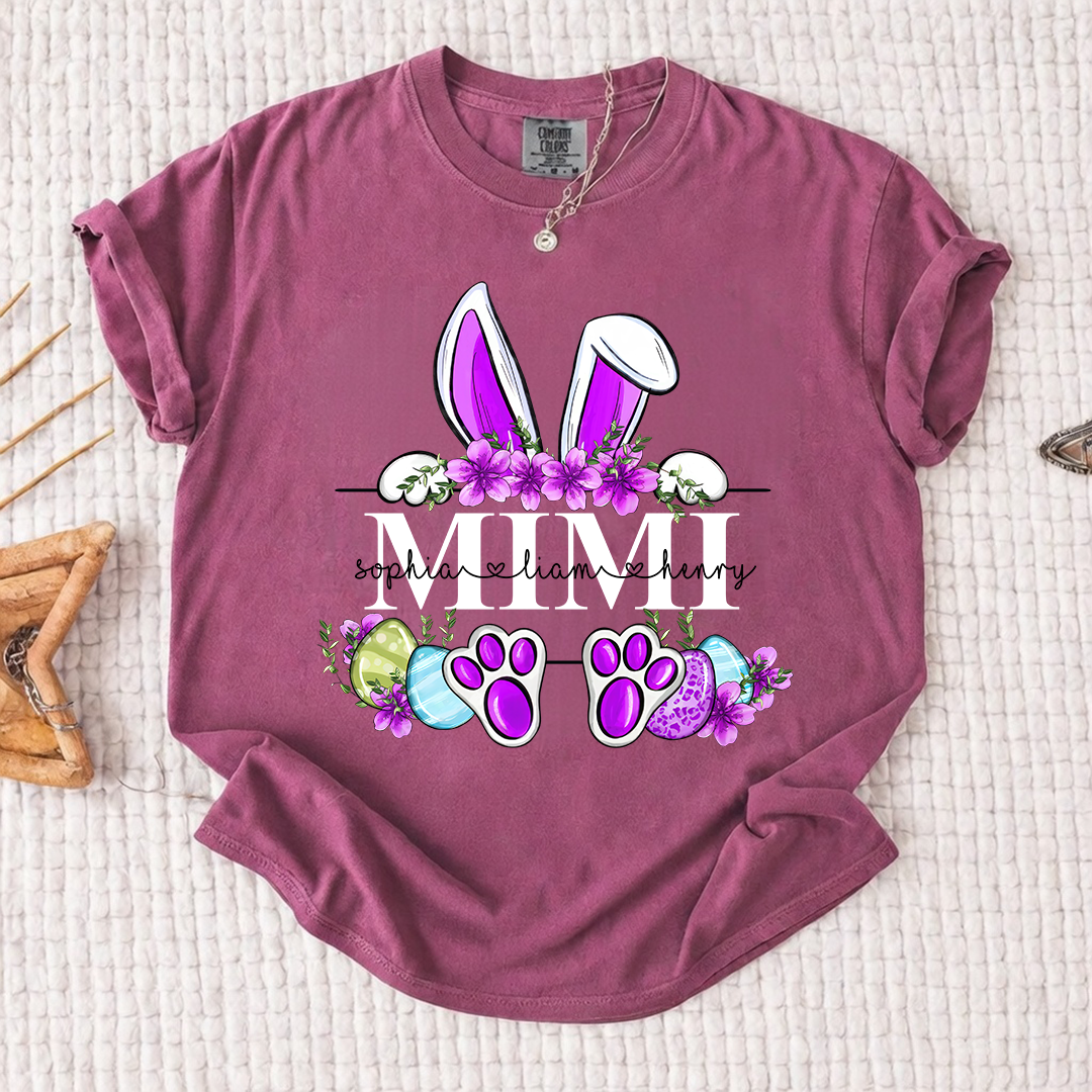 Comfort Colors Personalized Easter Bunny T-shirt | Custom Name Design for Mimi, Grandma, & Mom | Floral Easter Shirt with Bunny Ears and Paw Prints