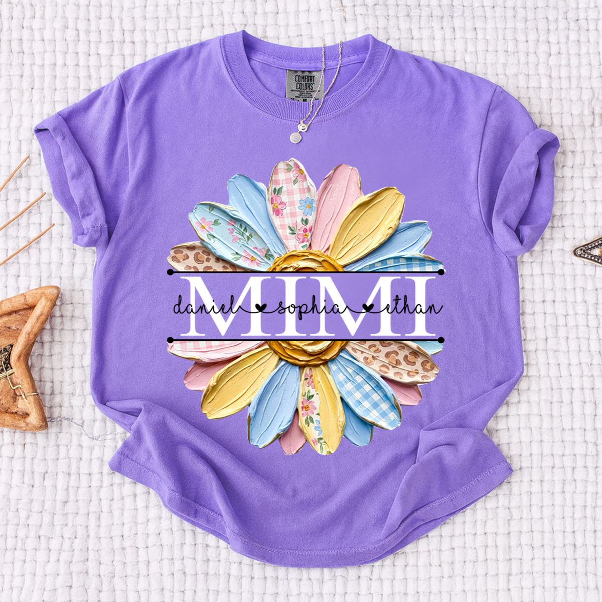 Comfort Mimi Floral Shirt, Custom Grandkids Names with Colorful Patchwork Daisy Design