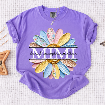 Comfort Mimi Floral Shirt, Custom Grandkids Names with Colorful Patchwork Daisy Design