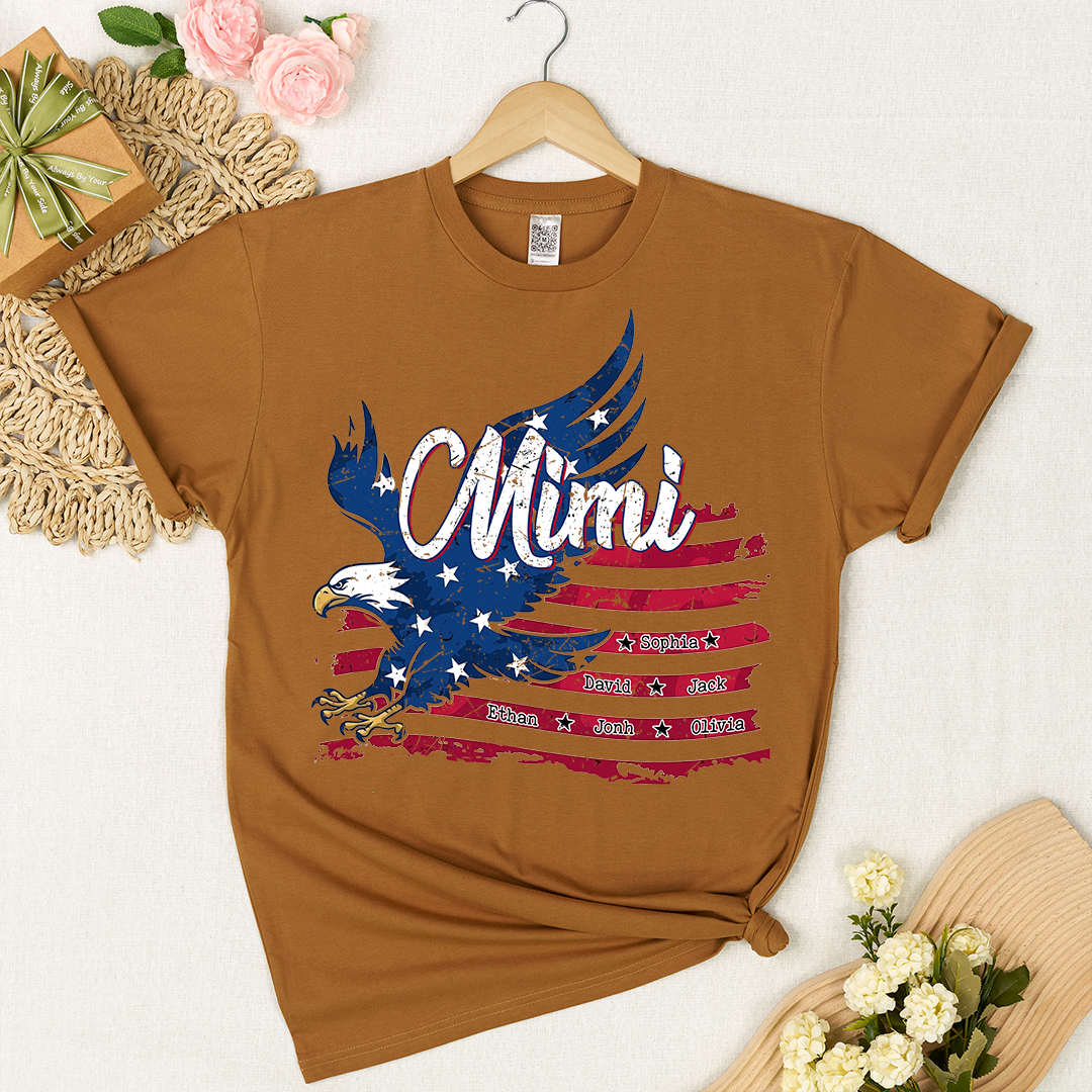 Custom NameEagle T Shirt, Personalized Grandkids Names American Flag Eagle Shirt 4th of July Gift for Grandma
