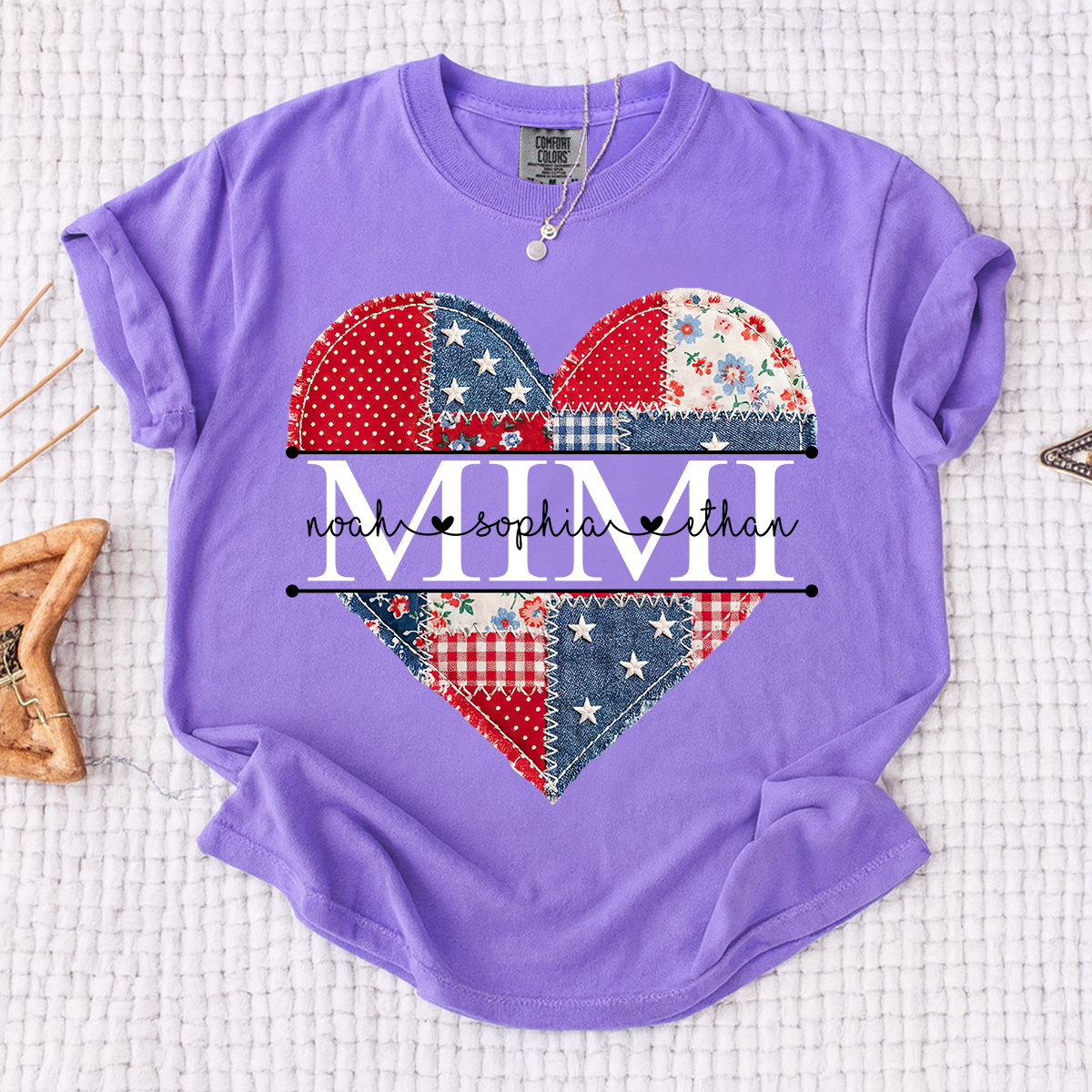 Comfort Colors Personalized Mimi Shirt with Grandkids Names, Patriotic Heart Patchwork Design