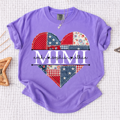 Comfort Colors Personalized Mimi Shirt with Grandkids Names, Patriotic Heart Patchwork Design